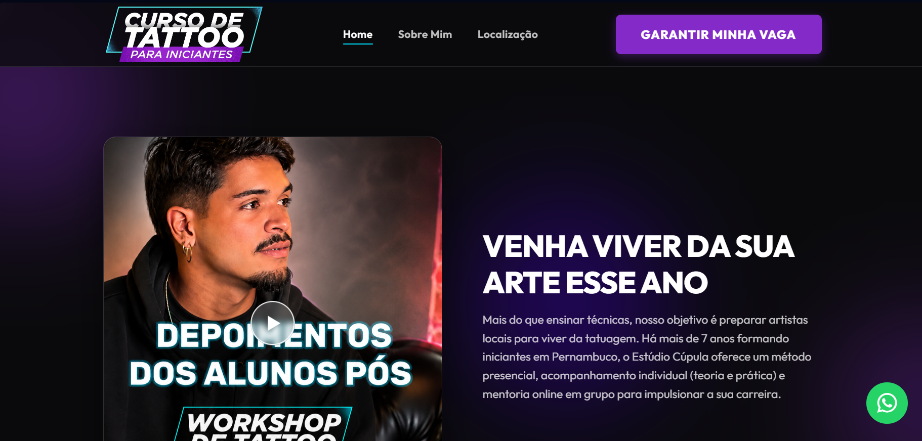 Demonstração da Landing Page do Curso de Tattoo Estúdio Cúpula